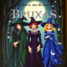 The cover of 'O Diário das Bruxas' showcases three enchanting witches, each uniquely styled