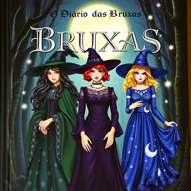 The cover of 'O Diário das Bruxas' showcases three enchanting witches, each uniquely styled