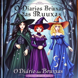 The cover of 'O Diário das Bruxas' showcases three enchanting witches, each uniquely styled