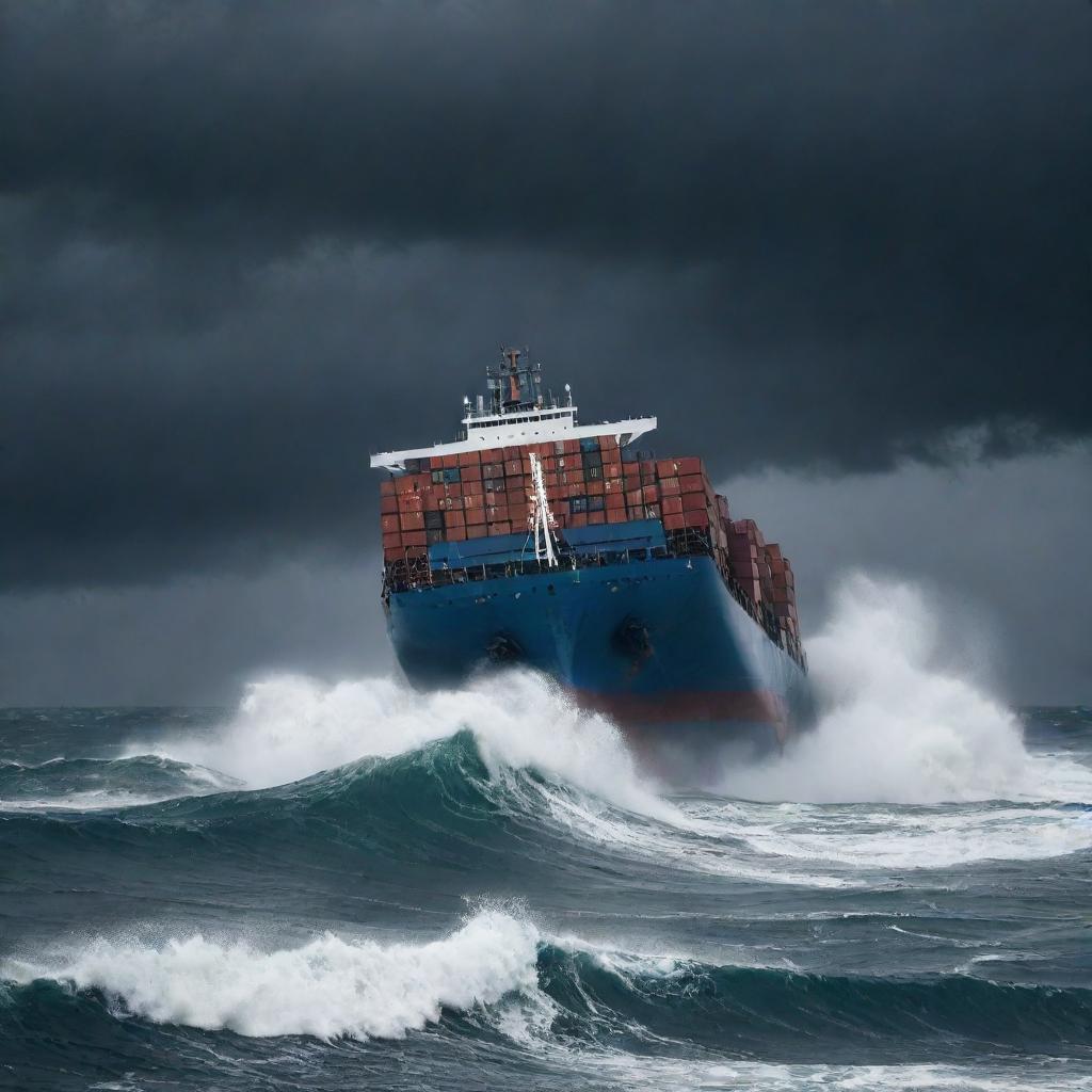 A dramatic scene in the middle of the stormy sea where a large container ship is tilting dangerously, implying that it's sinking, waves crashing onto it, under an ominous dark sky.