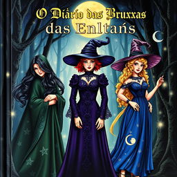 The cover of 'O Diário das Bruxas' showcases three enchanting witches, each uniquely styled