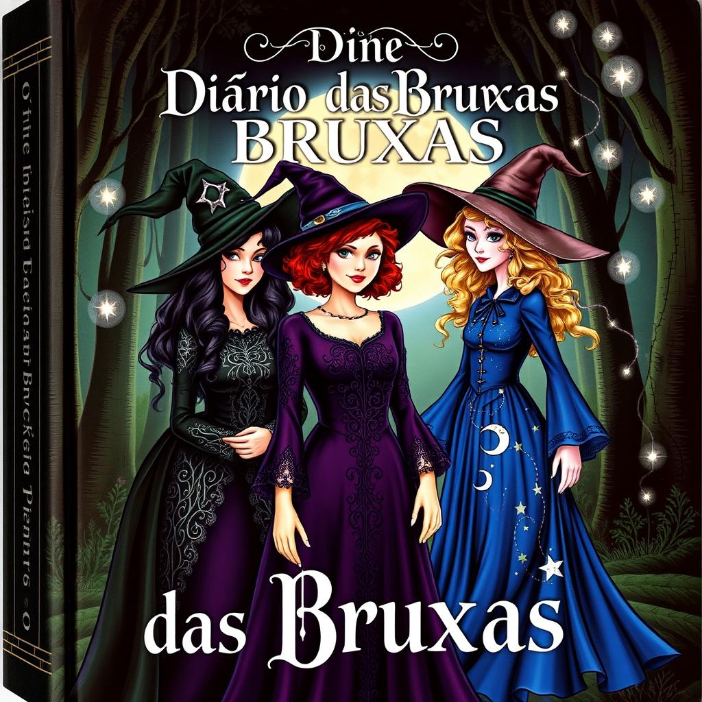 The cover of 'O Diário das Bruxas' showcases three enchanting witches, each uniquely styled