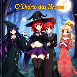 The cover of 'O Diário das Bruxas' features three anime-style witches, each with a unique design