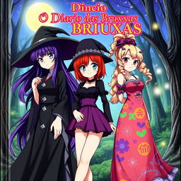 The cover of 'O Diário das Bruxas' features three anime-style witches, each with a unique design