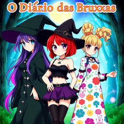 The cover of 'O Diário das Bruxas' features three anime-style witches, each with a unique design