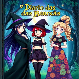 The cover of 'O Diário das Bruxas' features three anime-style witches, each with a unique design