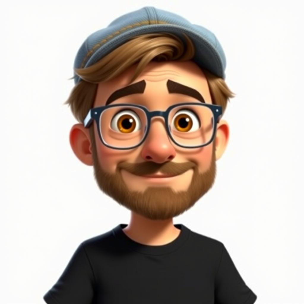 A Pixar-style animated character of a man in his late 30s, featuring short and thick disheveled light brown hair capped with a trendy jean cap