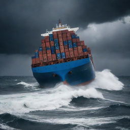 A dramatic scene in the middle of the stormy sea where a large container ship is tilting dangerously, implying that it's sinking, waves crashing onto it, under an ominous dark sky.