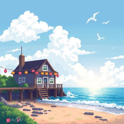 A charming pixel art scene featuring a coastal house by the sea, adorned with colorful lanterns