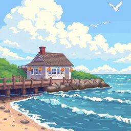 A charming pixel art scene featuring a coastal house by the sea, adorned with colorful lanterns