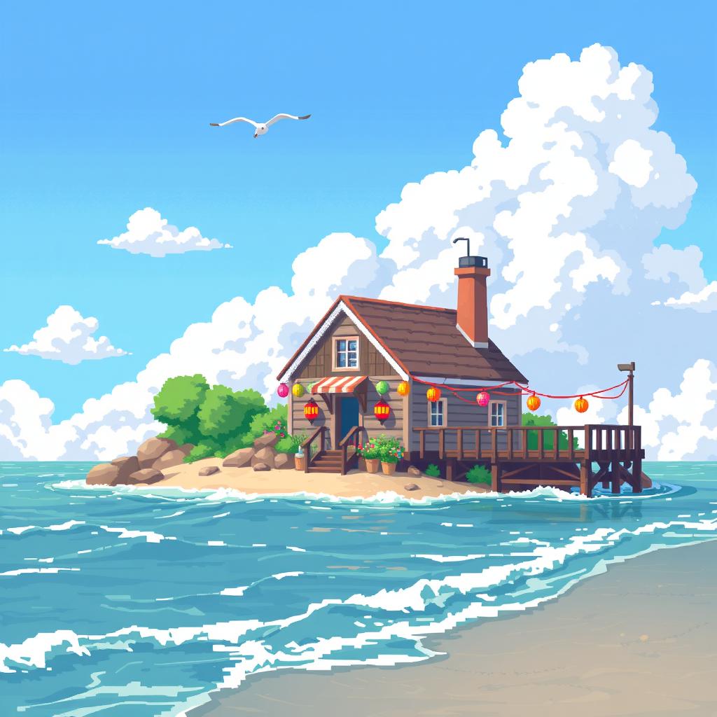 A charming pixel art scene featuring a coastal house by the sea, adorned with colorful lanterns