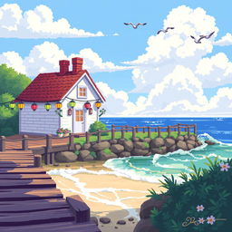 A charming pixel art scene featuring a coastal house by the sea, adorned with colorful lanterns