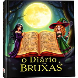 The cover of 'O Diário das Bruxas' captures the essence of witchcraft and magic, featuring a beautifully illustrated open spellbook with glowing pages filled with ancient runes and potions