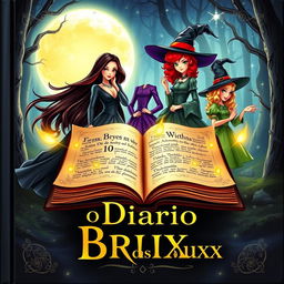 The cover of 'O Diário das Bruxas' captures the essence of witchcraft and magic, featuring a beautifully illustrated open spellbook with glowing pages filled with ancient runes and potions