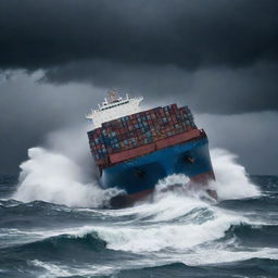 A dramatic scene in the middle of the stormy sea where a large container ship is tilting dangerously, implying that it's sinking, waves crashing onto it, under an ominous dark sky.