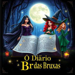 The cover of 'O Diário das Bruxas' captures the essence of witchcraft and magic, featuring a beautifully illustrated open spellbook with glowing pages filled with ancient runes and potions