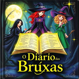 The cover of 'O Diário das Bruxas' captures the essence of witchcraft and magic, featuring a beautifully illustrated open spellbook with glowing pages filled with ancient runes and potions