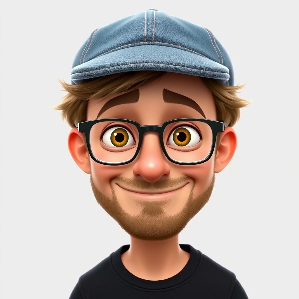 A Pixar-style animated character of a man in his late 30s, featuring short and thick disheveled light brown hair under a stylish jean cap