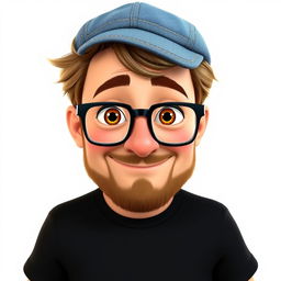 A Pixar-style animated character of a man in his late 30s, featuring short and thick disheveled light brown hair under a stylish jean cap