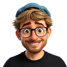 A Pixar-style animated character of a man in his late 30s, featuring short and thick disheveled light brown hair under a stylish jean cap