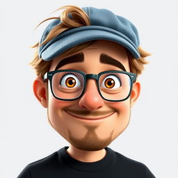 A Pixar-style animated character of a man in his late 30s, featuring short and thick disheveled light brown hair under a stylish jean cap