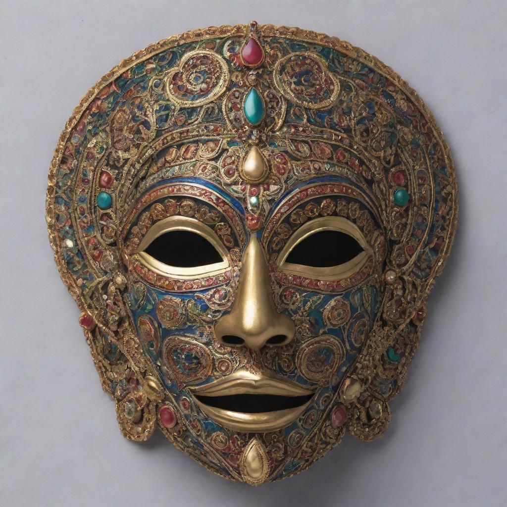 A front view of a half-face mask, embellished with intricate patterns and motifs symbolic of Indian mythology.