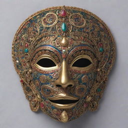 A front view of a half-face mask, embellished with intricate patterns and motifs symbolic of Indian mythology.