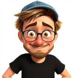 A Pixar-style animated character of a man in his late 30s, featuring short and thick disheveled light brown hair peeking out from under a casual jean cap