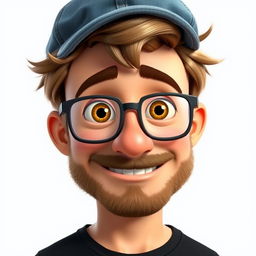 A Pixar-style animated character of a man in his late 30s, featuring short and thick disheveled light brown hair peeking out from under a casual jean cap