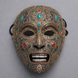 A front view of a half-face mask, embellished with intricate patterns and motifs symbolic of Indian mythology.