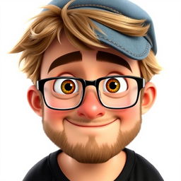 A Pixar-style animated character of a man in his late 30s, featuring short and thick disheveled light brown hair peeking out from under a casual jean cap