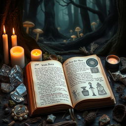 A mystical witch's diary open to a page with detailed handwritten notes and enchanting sketches