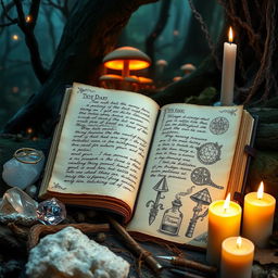 A mystical witch's diary open to a page with detailed handwritten notes and enchanting sketches