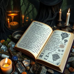 A mystical witch's diary open to a page with detailed handwritten notes and enchanting sketches