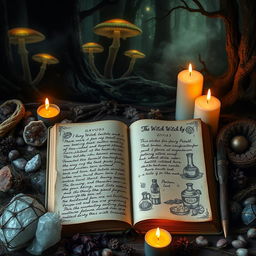 A mystical witch's diary open to a page with detailed handwritten notes and enchanting sketches