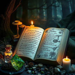 A mystical witch's diary open to a page filled with elegant handwritten spells and enchanting sketches