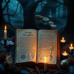 A mystical witch's diary open to a page filled with elegant handwritten spells and enchanting sketches