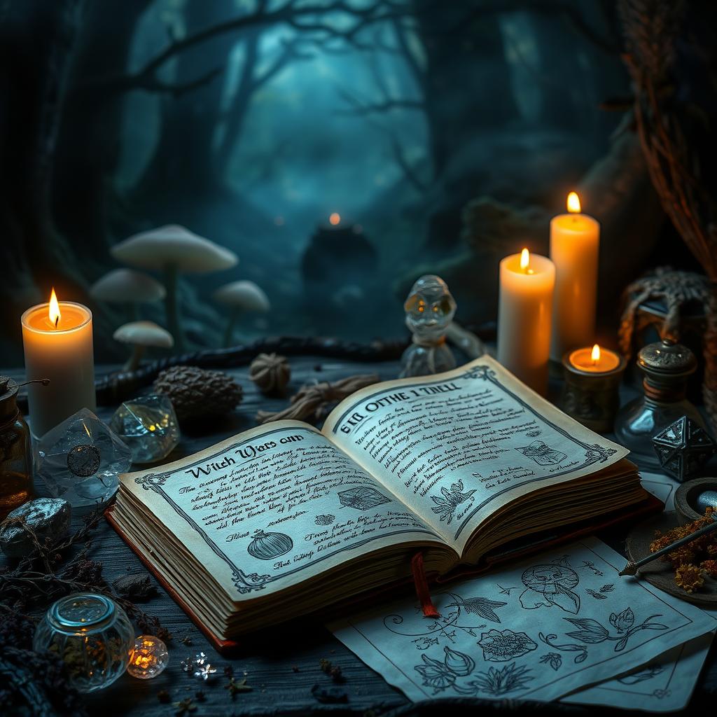 A mystical witch's diary open to a page filled with elegant handwritten spells and enchanting sketches