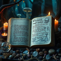 A mystical witch's diary open to a page filled with elegant handwritten spells and enchanting sketches