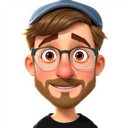 A Pixar-style animated character of a man in his late 30s, featuring short and thick disheveled light brown hair topped with a stylish jean cap