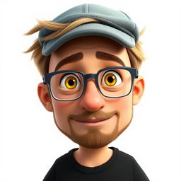 A Pixar-style animated character of a man in his late 30s, featuring short and thick disheveled light brown hair topped with a stylish jean cap