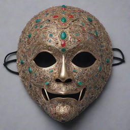 A front view of a half-face mask, embellished with intricate patterns and motifs symbolic of Indian mythology.