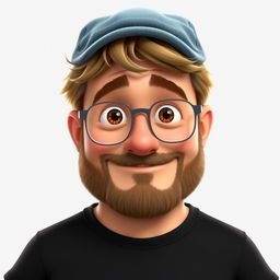 A Pixar-style animated character of a man in his late 30s, featuring short and thick disheveled light brown hair topped with a stylish jean cap