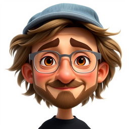 A Pixar-style animated character of a man in his late 30s, featuring short and thick disheveled light brown hair topped with a stylish jean cap