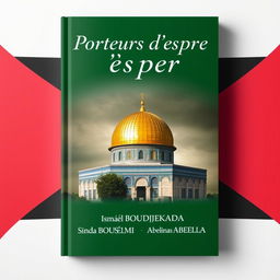 A captivating book cover design for 'Porteurs d'espoir', featuring the iconic Dome of the Rock from the Al-Aqsa Mosque in Jerusalem, set against a backdrop of the Palestinian flag