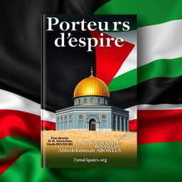 A captivating book cover design for 'Porteurs d'espoir', featuring the iconic Dome of the Rock from the Al-Aqsa Mosque in Jerusalem, set against a backdrop of the Palestinian flag