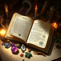 A mystical and enchanting scene from a witch's diary, featuring a beautifully illustrated open diary with pages filled with handwritten notes, potion recipes, and spell illustrations