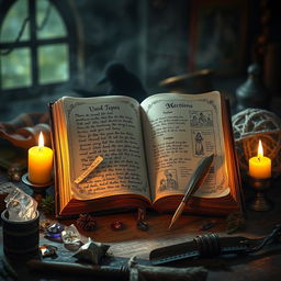 A mystical and enchanting scene from a witch's diary, featuring a beautifully illustrated open diary with pages filled with handwritten notes, potion recipes, and spell illustrations