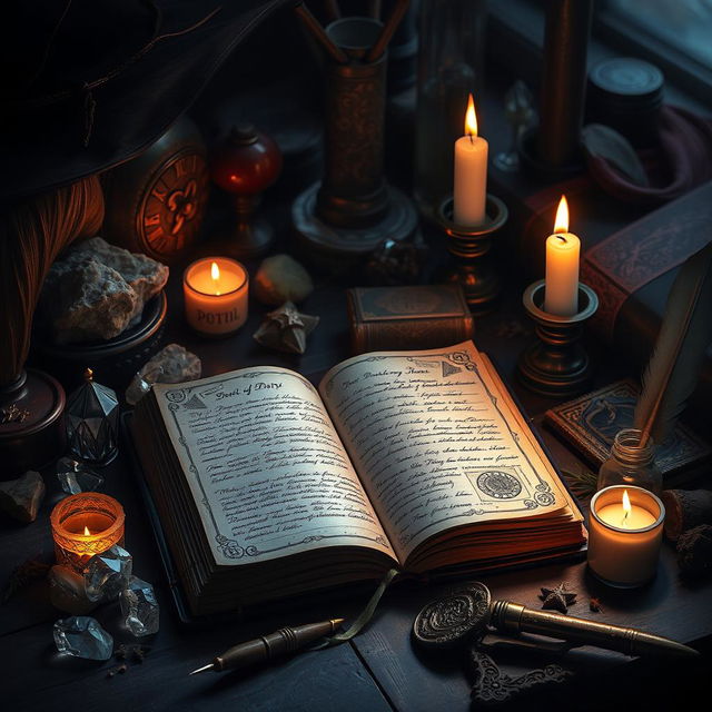 A mystical and enchanting scene from a witch's diary, featuring a beautifully illustrated open diary with pages filled with handwritten notes, potion recipes, and spell illustrations