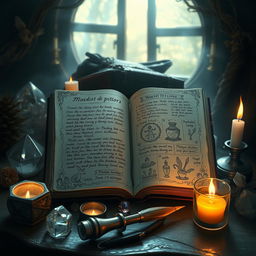 A mystical and enchanting scene from a witch's diary, featuring a beautifully illustrated open diary with pages filled with handwritten notes, potion recipes, and spell illustrations